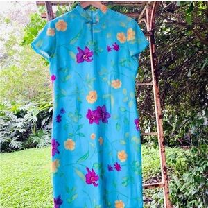 Vintage 80’s/90’s Floral Asian Mandarin Collar Midi Dress